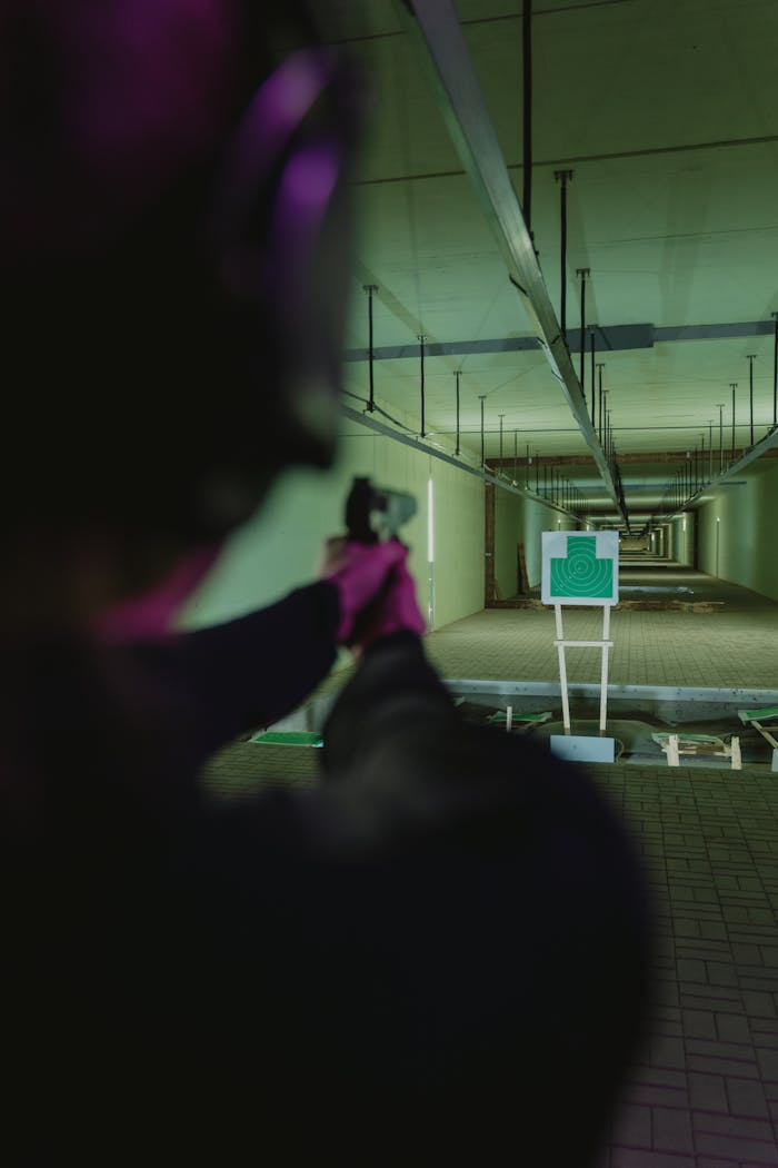 An individual aiming at a target in an indoor shooting range, seen from behind.