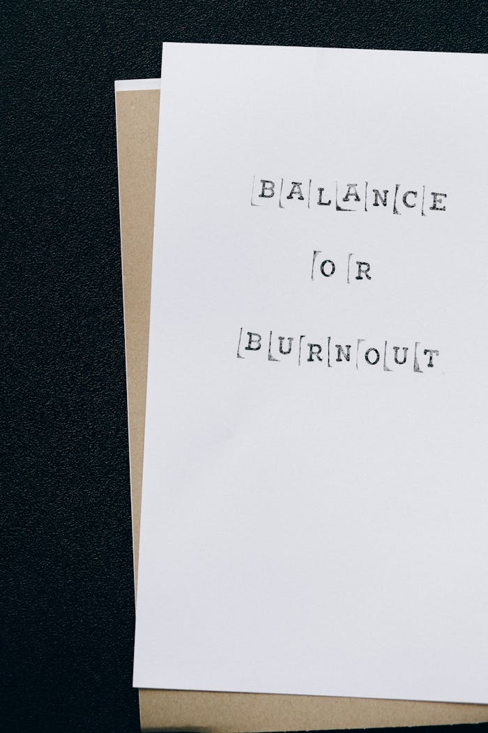 A card with the phrase 'Balance or Burnout' emphasizes self-care and mental health.